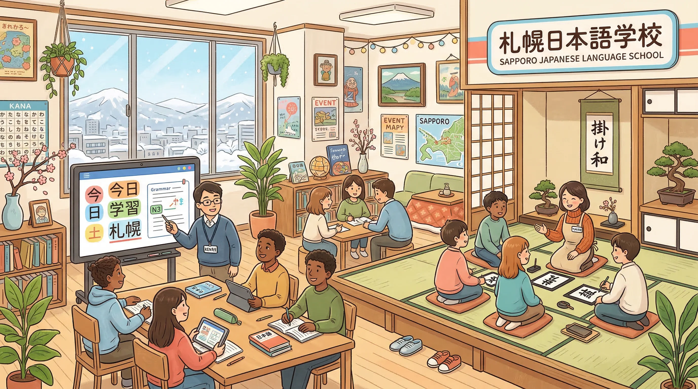 Language school classroom in Sapporo with modern teaching technology and traditional Japanese learning areas