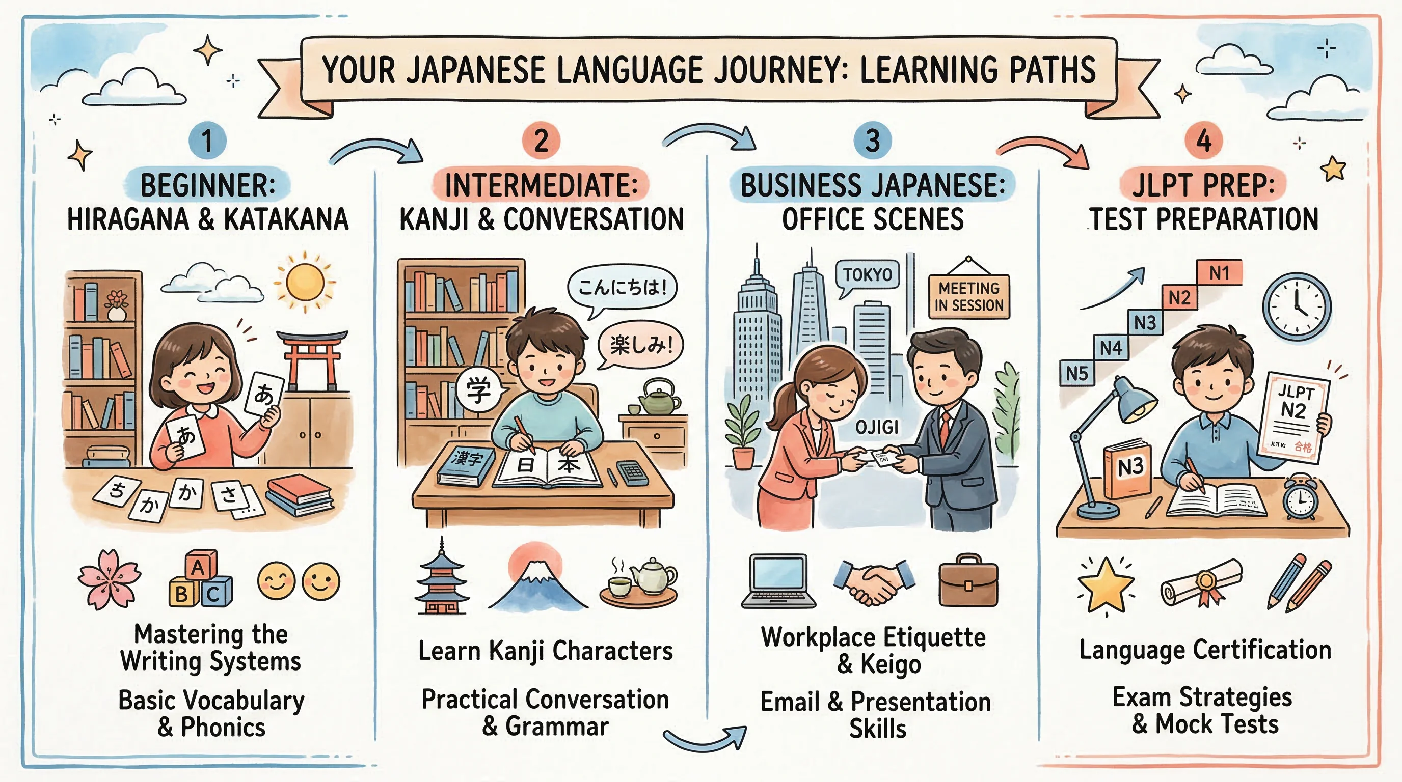 Illustrated Japanese language learning paths showing beginner, intermediate, business and JLPT preparation tracks