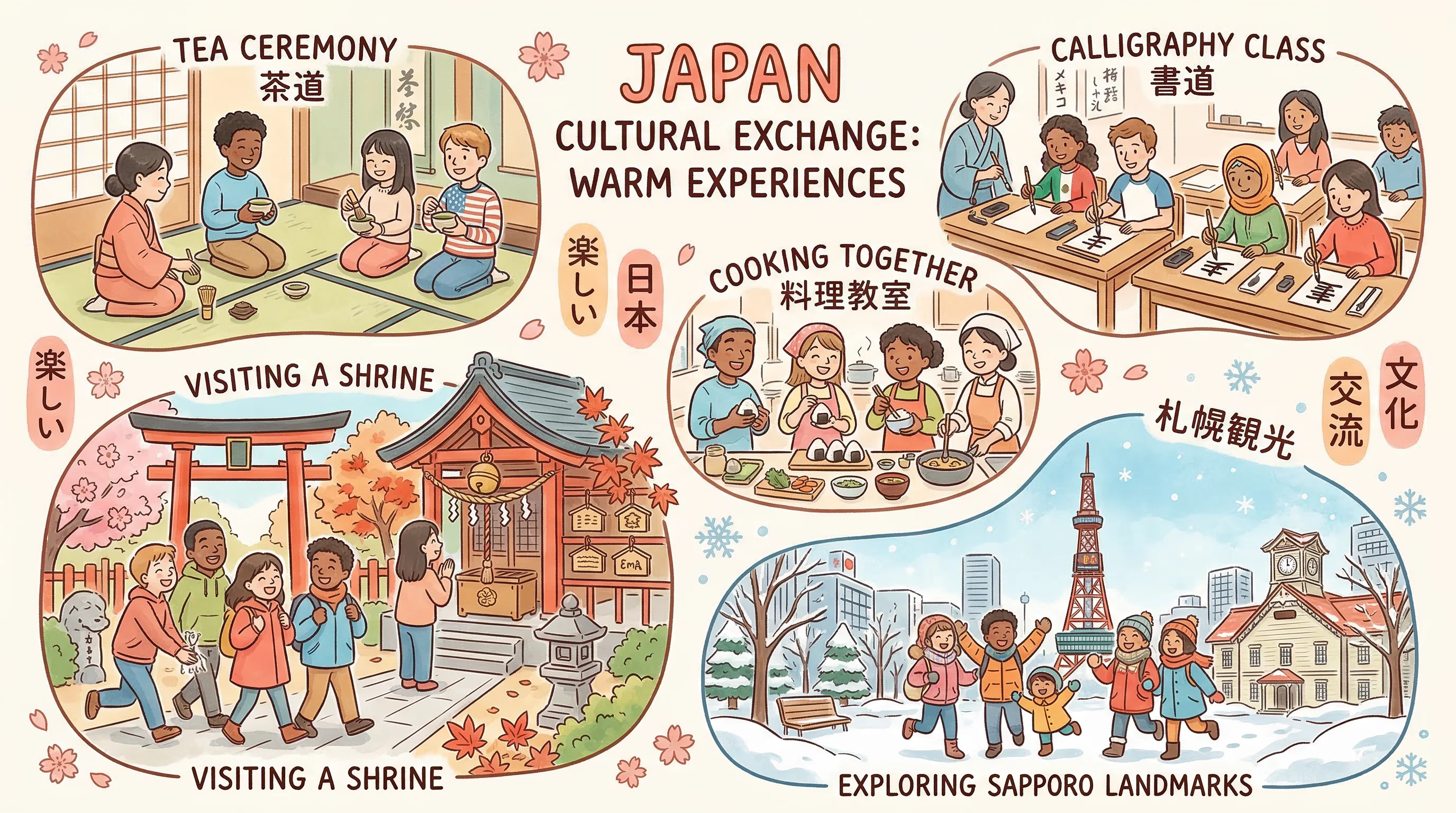 Cultural exchange activities in Japan including tea ceremony, calligraphy, shrine visits, and cooking classes