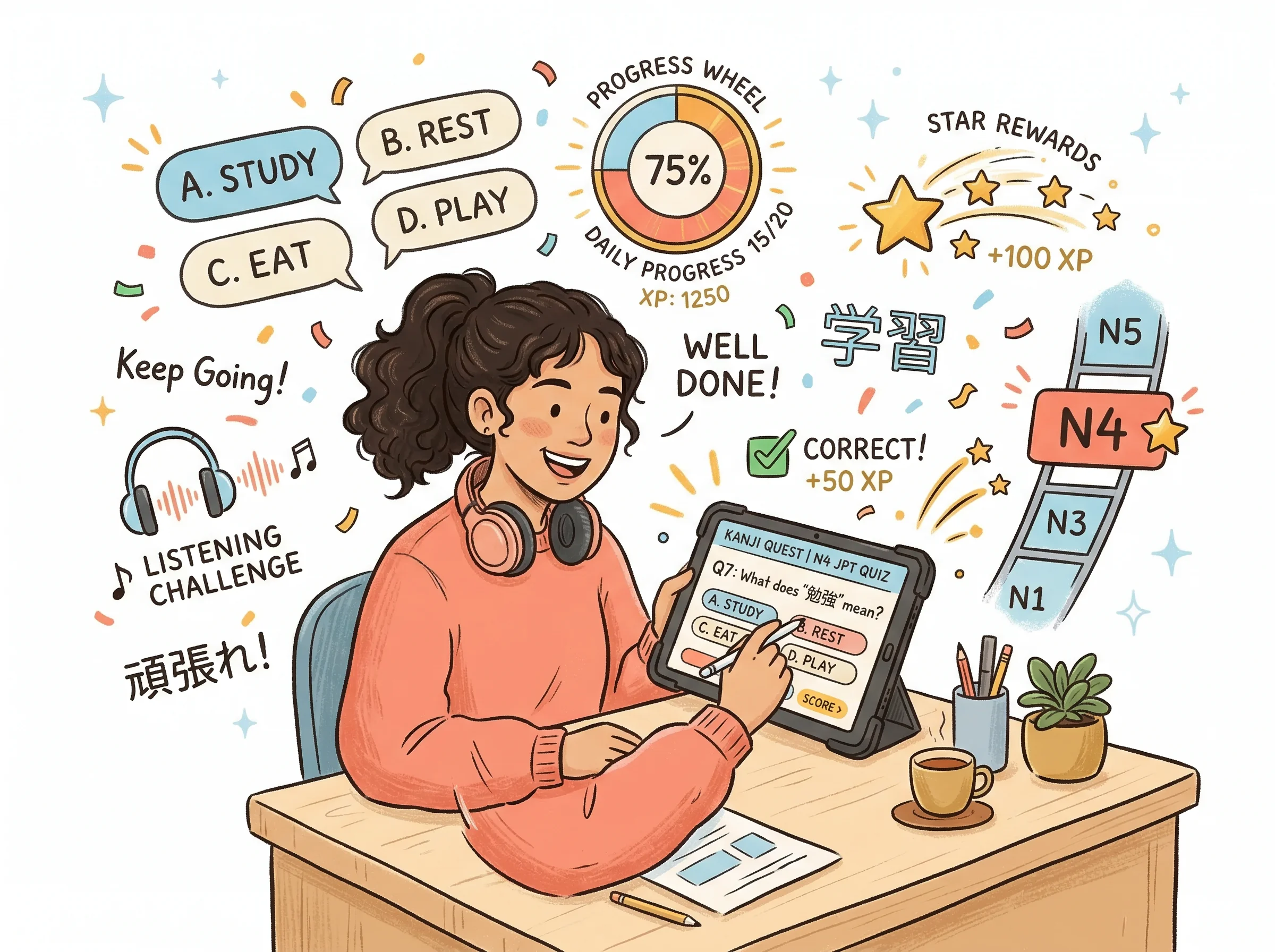 Cheerful student taking a gamified Japanese quiz on tablet with progress wheel, level badges, and encouraging feedback elements