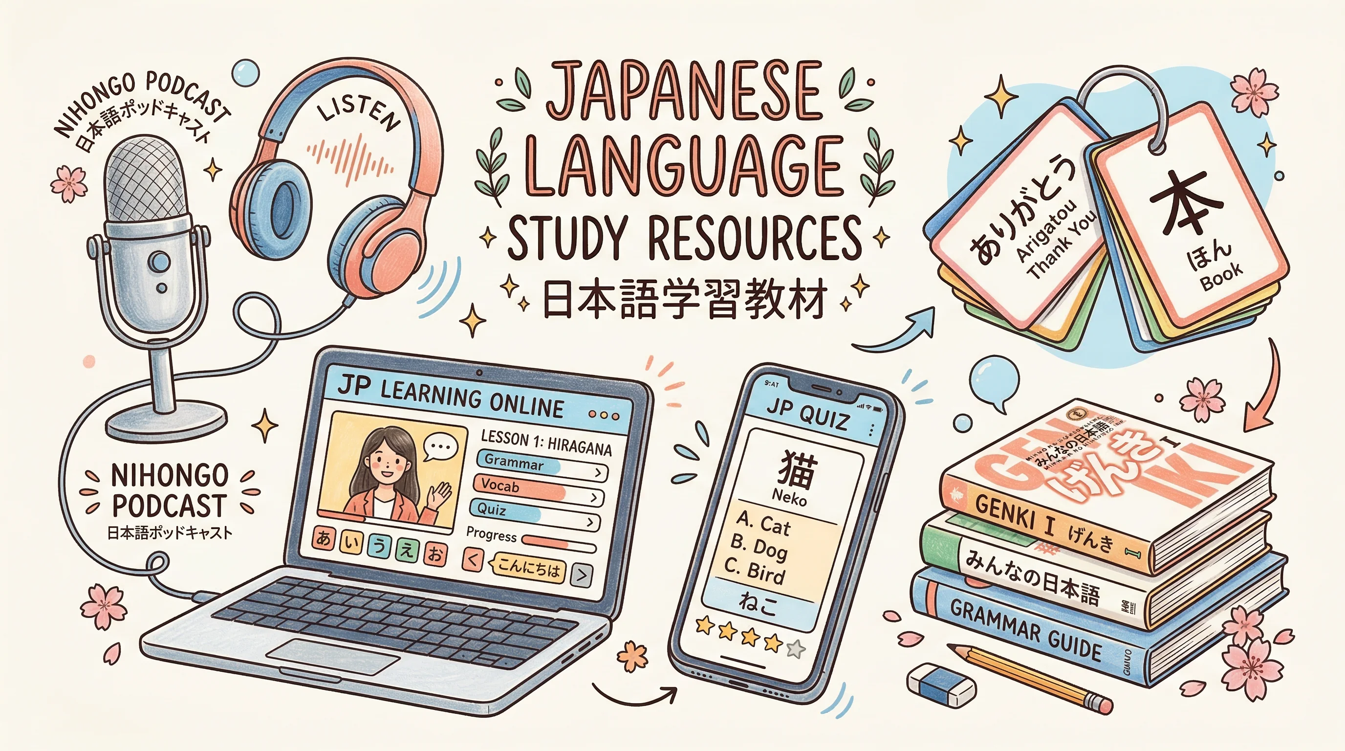 Japanese language study resources including podcast microphone, vocabulary flashcards, laptop with online platform, and study books